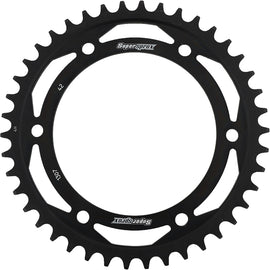 Supersprox steel rear sprocket with 42-tooth, black finish for 525 chain bikes, showcasing the sprocket's detailed design.