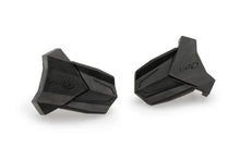 Load image into Gallery viewer, Pair of black PUIG rubber end replacement frame slider guards for R19 motorcycle, shown mounted on bike frame.