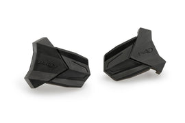 Pair of black PUIG rubber end replacement frame slider guards for R19 motorcycle, shown mounted on bike frame.