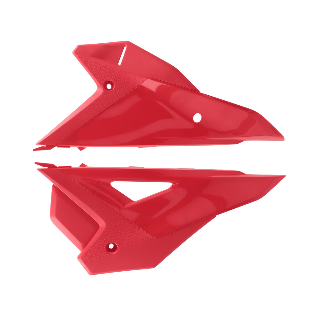 Acerbis red upper and lower CRF motorcycle side panels for body protection, designed for off-road dirt bikes.