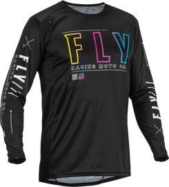 Fly Racing Lite S.E. Avenge black and sunset motocross jersey with bold branding and moisture-wicking fabric detail.