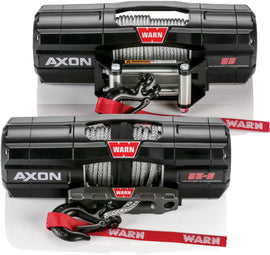 Warn Axon 5500 wire cable winch with black metal frame and steel cable, designed for off-road recovery and vehicle towing.