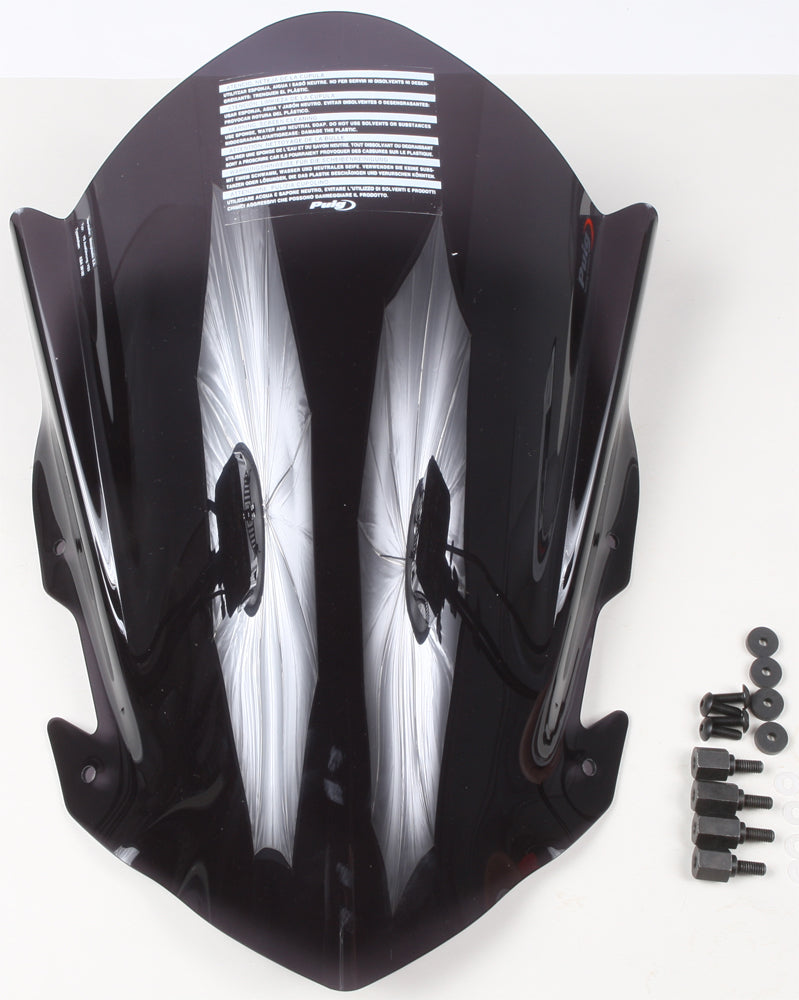 PUIG Racing Dark Smoke Windscreen for motorcycle, lightweight windshield with dark tinted finish, designed for aerodynamic performance.