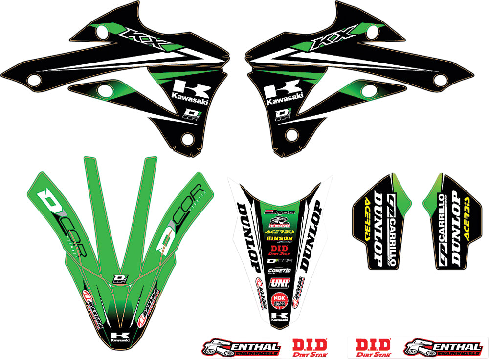 DCOR Monster Energy Kawasaki team green graphics and decal kit for 2014 motorcycle, featuring vibrant green and black designs.