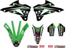 Load image into Gallery viewer, DCOR Monster Energy Kawasaki team green graphics and decal kit for 2014 motorcycle, featuring vibrant green and black designs.
