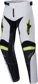 Alpine Star youth racer pants in white, neon red, and yellow fluoro with size 22, featuring sporty design and elastic waistband.
