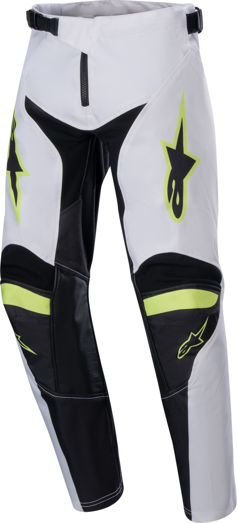 Alpine Star youth racer Lucent pants in white, neon red, and yellow fluo, size 28, showing front view with vibrant color details.