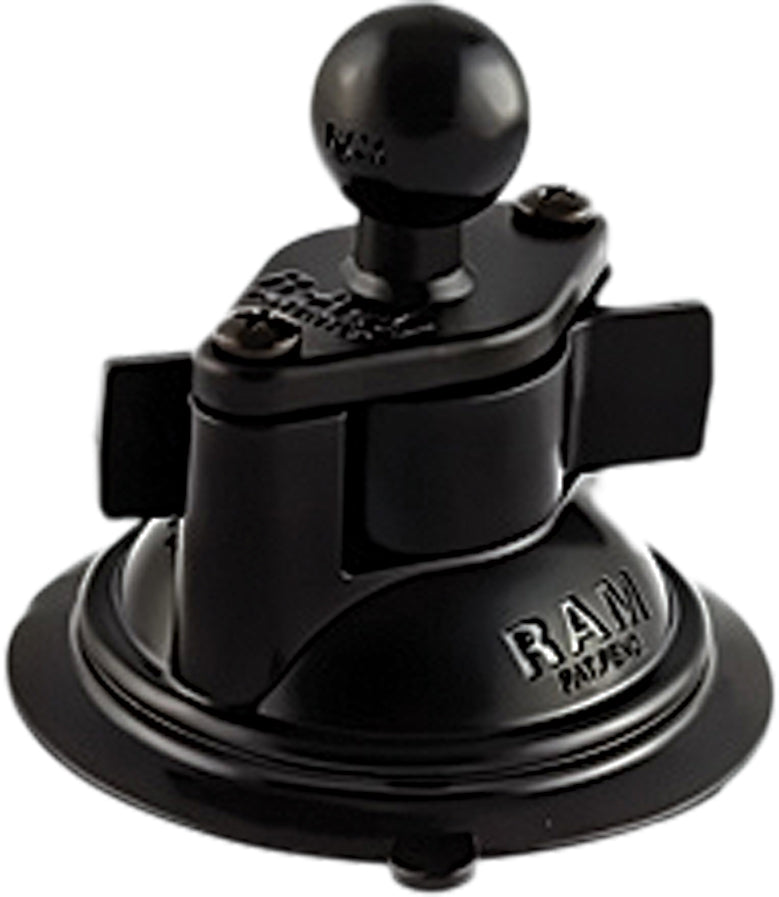 Ram 3.3-inch diameter suction cup with 1-inch ball for accessories, shown in the image with a secure mounting surface.