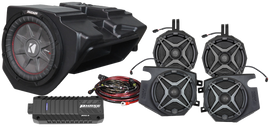 SSV Works 5-speaker plug and play audio kit for Ride Command systems, featuring wiring and mounting components.