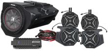 Load image into Gallery viewer, SSV Works 5-speaker plug and play kit for Ride Command, showing the audio connection components and wiring setup.