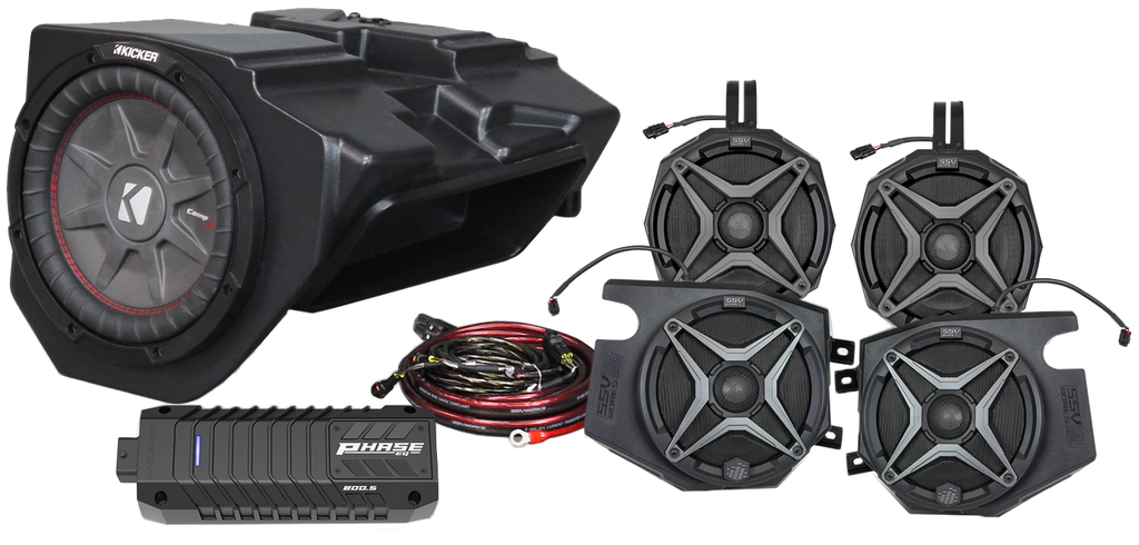 SSV Works 5-speaker plug and play kit for Ride Command, showing mounted speakers and wiring setup for off-road vehicles.