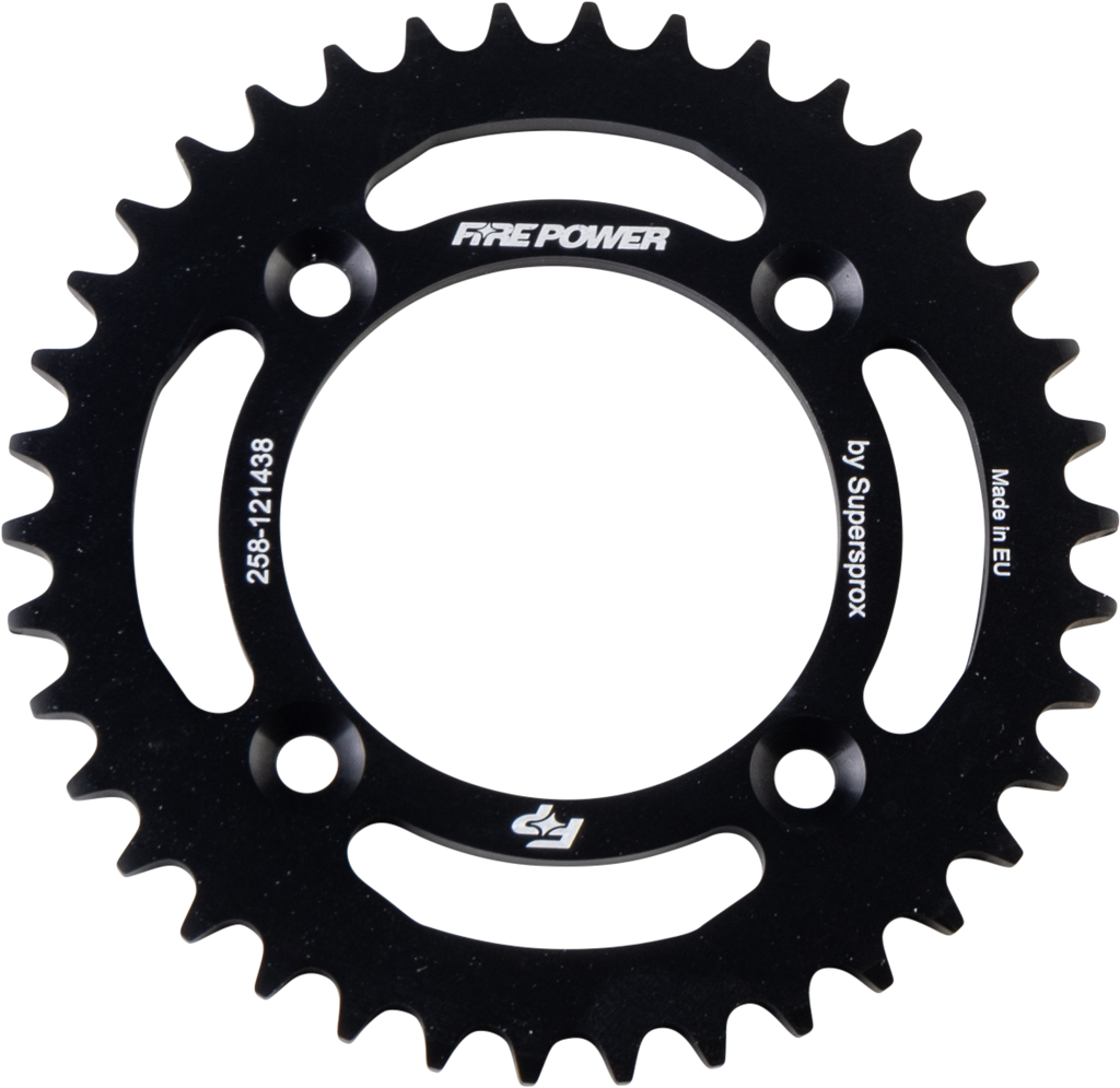 Fire Power 38-tooth aluminum rear sprocket in black, designed for mountain bikes, featuring a lightweight, durable build.