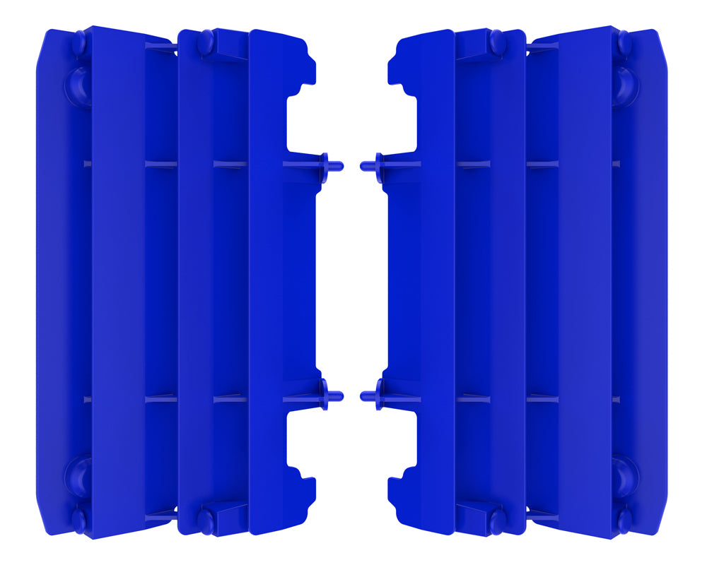 Blue Polisport Plastics radiator louvers with vent slats, designed for motorcycle cooling system protection.