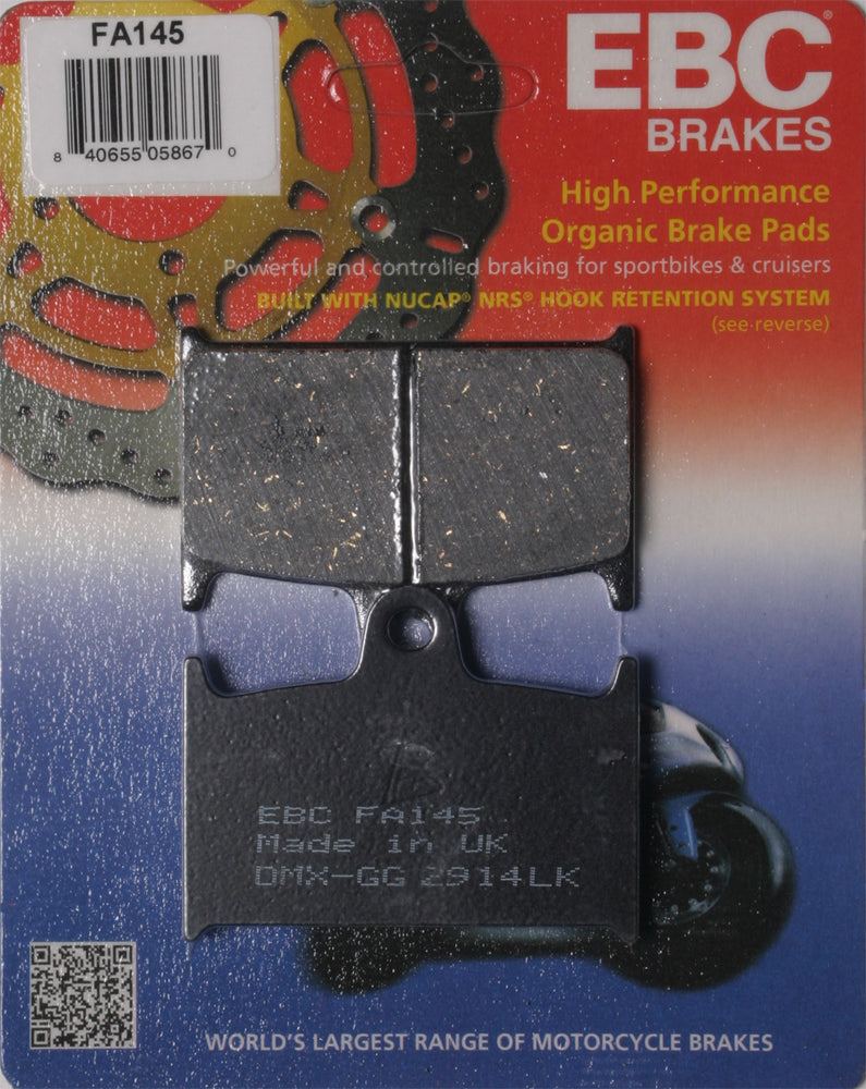 EBC Motorcycle Brakes Brake Pads 15-145 set, showing black friction material and metal backing plates for motorcycle braking systems.
