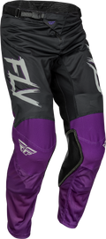 Fly Racing Kinetic Mesh Rave Pants in black, purple, and silver, size 28, featuring breathable mesh fabric and vibrant design.