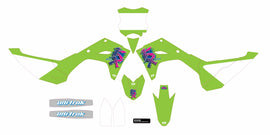 DCOR Kawasaki graphics kit with bold decals and detailed design for motorcycle customization.