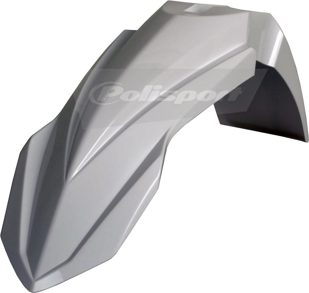 White Polisport Plastics front fender for motorcycles, showing the curved plastic design with mounting points.