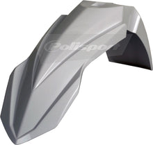 Load image into Gallery viewer, White Polisport Plastics front fender for motorcycles, showing the curved plastic design with mounting points.