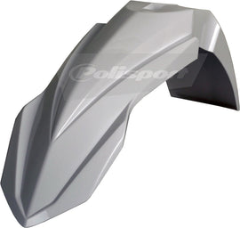 White Polisport Plastics front fender for motorcycles, showing the curved plastic design with mounting points.