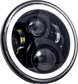7-inch LED headlight with full halo ring in black and mounting adapter, designed for vehicle illumination by LETRIC LIGHTING CO.