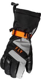 Fly Racing Highland gloves in black, grey, and orange, featuring padded palms and breathable fabric for motocross riding.