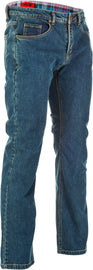 Fly Racing Resistance jeans in Oxford Blue, size 32, showing the denim fabric, stitching details, and classic jean style.