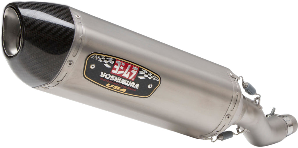 Yoshimura R-77 Race Slip-On exhaust in stainless steel and carbon fiber with sleek, polished design and branded Yoshimura logo