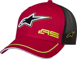 Alpine Star Exceed Trucker Hat in red and black with mesh back and curved brim, casual outdoor headwear.