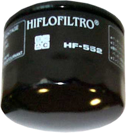 Hiflofiltro Oil Filter 550-0552 showing a cylindrical metal oil filter with brand markings and filter element visible.