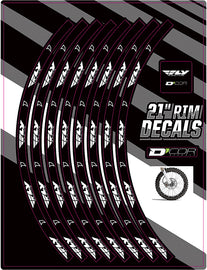 DCOR 21-inch Fly Logo front rim decal graphics for motorcycle wheels, featuring bold black and white design.