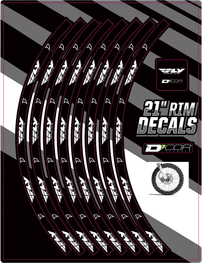 DCOR 21-inch Fly Logo front rim decal graphic for vehicle wheels, featuring bold black and red design on a smooth decal surface.