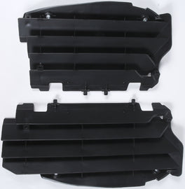 Polisport Plastics black radiator louvers for street bikes, model 64-56523, shown installed on a motorcycle.