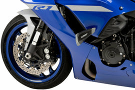 Black Puig Frame Sliders Pro 2.0 Yamaha guards for motorcycle protection, shown mounted on a Yamaha bike.