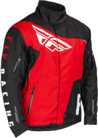 Fly Racing youth SNX Pro jacket in black and red, size YXS, displayed on a hanger showcasing the front view.