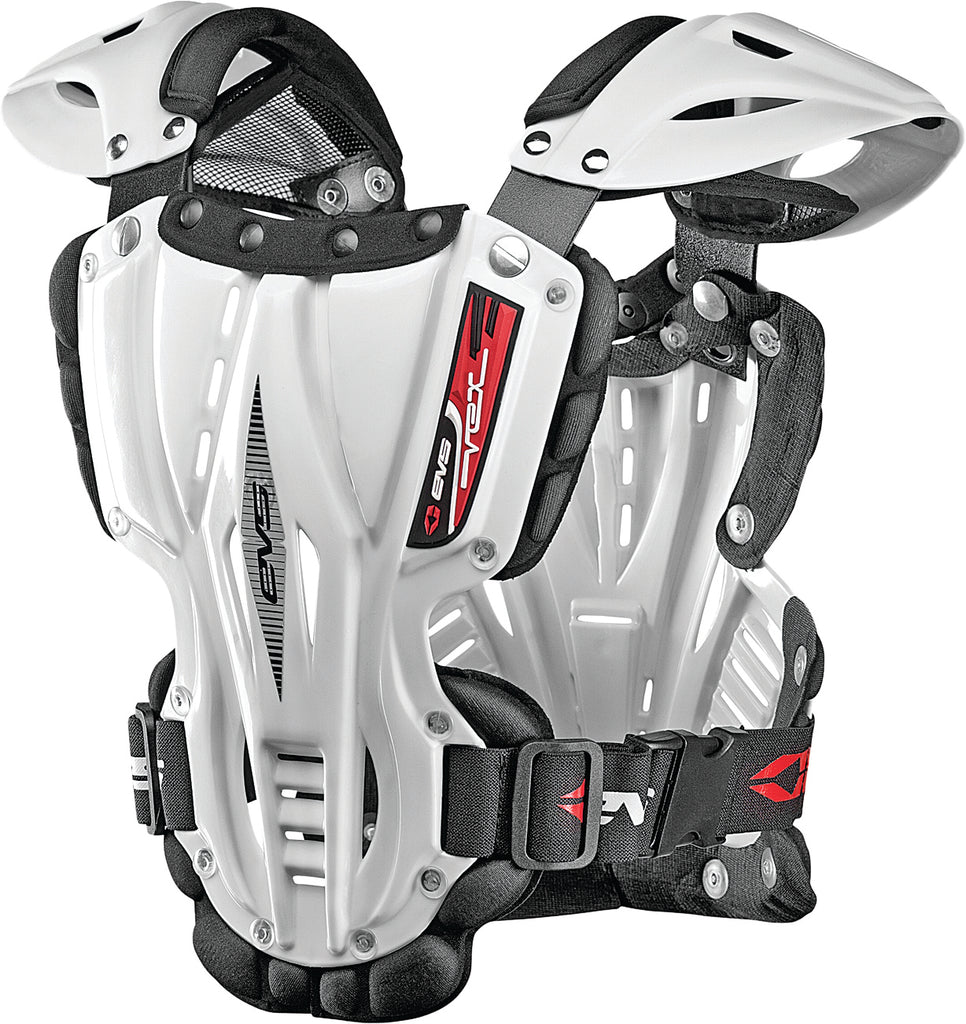 White youth Vex Roost Guard by EVS, a protective safety gear with adjustable straps and padded coverage for youth athletes.