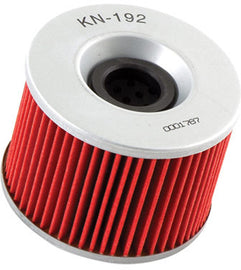 K&N oil filter 56-0192 for automotive engines, showing the black cylindrical filter with metal end caps and threaded center.