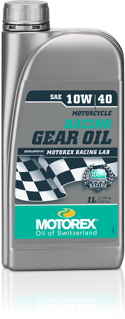 Motorex Racing Gear Oil 10W-40 1L bottle, black container with label, used for motorcycle and racing gear lubrication.