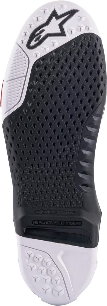 Alpine Star Tech 10 New Gen motorcycle sole in black and white, size 7/8, featuring a sleek design and durable construction.