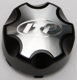 Black ITP SD beadlock cap for Mac wheels, fits 4/110 and 4/115 bolt patterns, shown on a vehicle wheel.