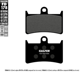 GALFER semi-metallic brake pads FD178G1054 for motorcycle brakes, showing the brake pad with metal and friction material.