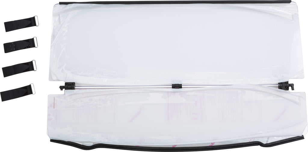 Open Trail folding windshield for off-road vehicles, clear windscreen with black mounting frame and foldable design.