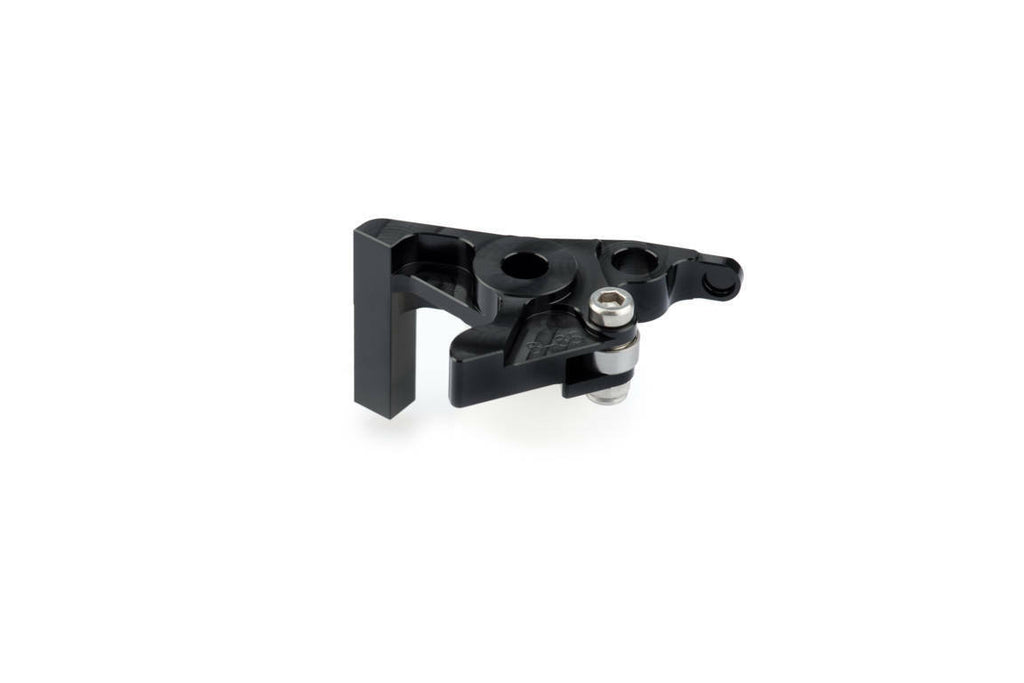 Black PUIG lever adapter brake lever for motorcycle, shown attached to handlebar with mounting hardware.