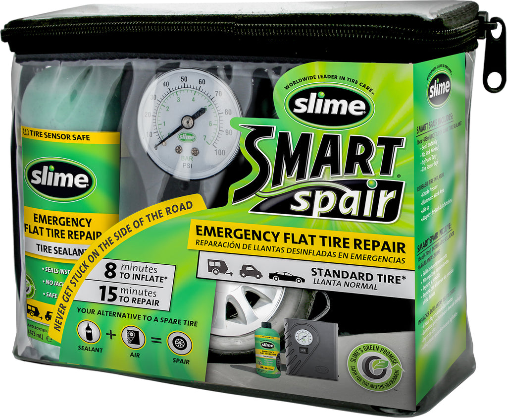 Slime Smart Spair Tire Repair Kit tools with tire plugs and sealant for quick flat tire repairs.