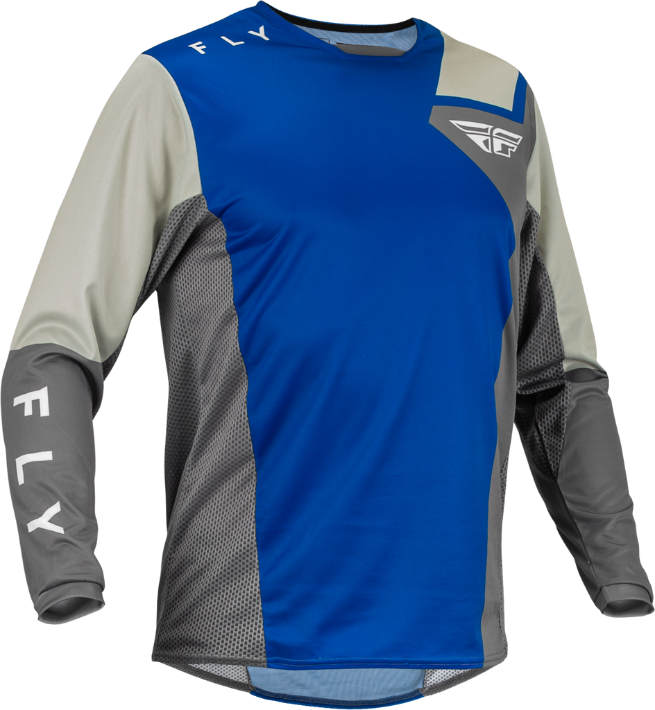 Fly Racing Kinetic Jet Jersey in blue, grey, and white, shown in size large with lightweight, breathable fabric for motocross riding.