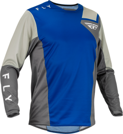 Fly Racing Kinetic Jet Jersey in blue, grey, and white, featuring a lightweight, breathable design for motocross riding.