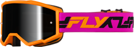 Fly Racing Zone motocross goggles in orange and pink with black mirror smoke lenses, designed for high-performance eyewear.