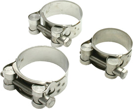 DRC stainless steel exhaust clamp for 36mm-39mm exhaust pipes, showcasing the durable metal construction and clamp design.