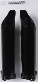 Acerbis black street fork guard with mounting hardware, designed for motorcycle front suspension protection.