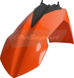 Polisport Plastics front fender in bright orange for motorcycles, part number 64-5007, shown in close-up detail.