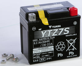 Yuasa YTZ7S sealed motorcycle battery, factory activated, with positive and negative terminals visible.